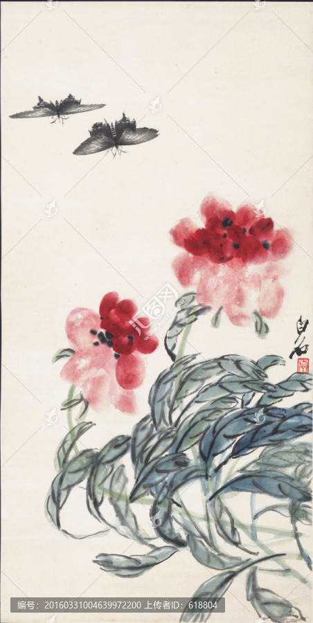 齊白石博物館原畫掃描紅花雙蝶圖