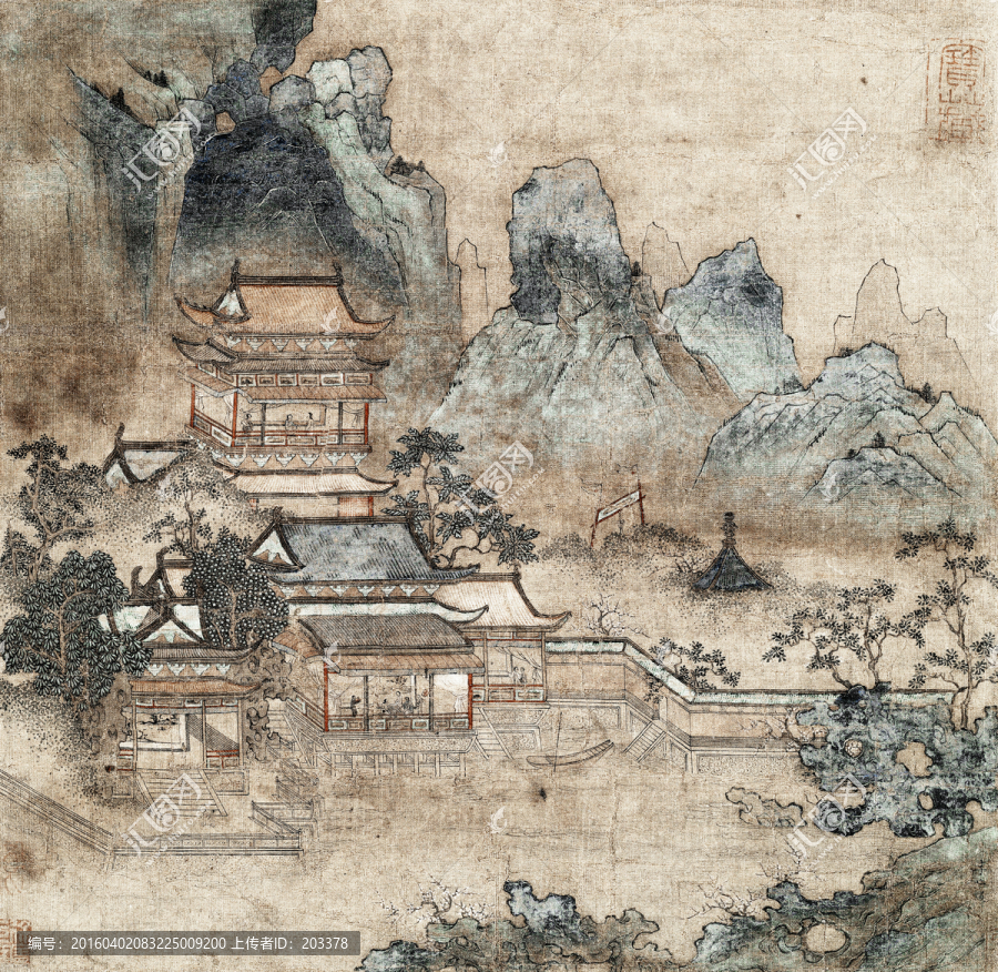 山水樓閣圖,高清精修