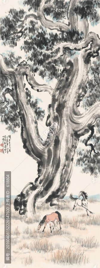 徐悲鴻,柏樹雙馬圖,高清大圖