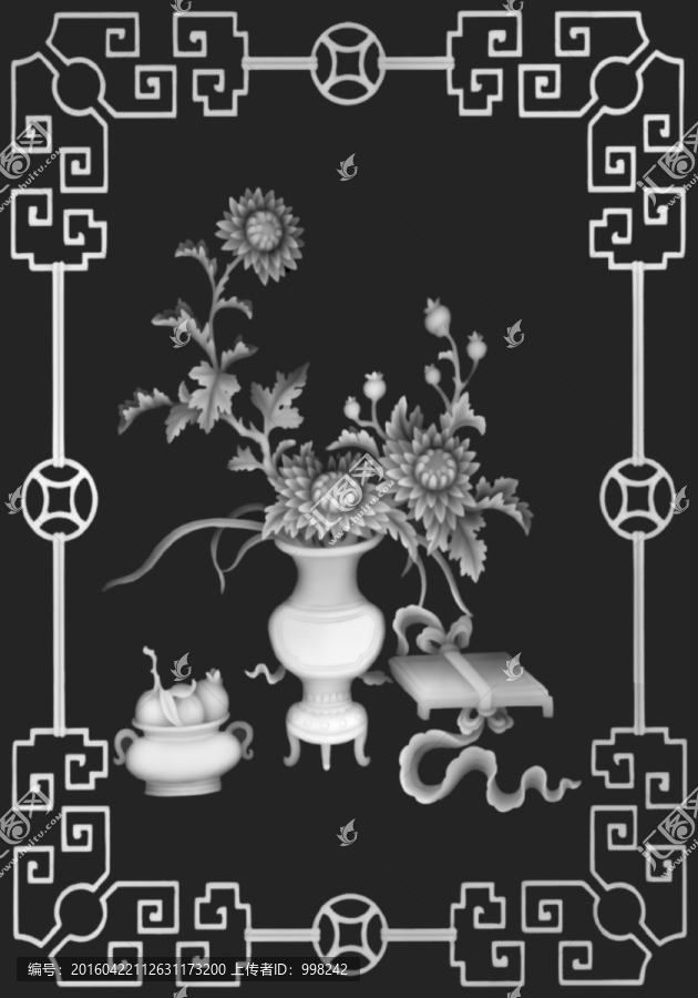 菊花花鳥(niǎo)博古柜門(mén)板帶邊框灰度圖