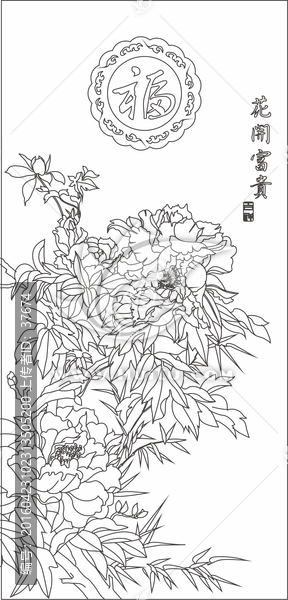 線描牡丹花開富貴單線圖