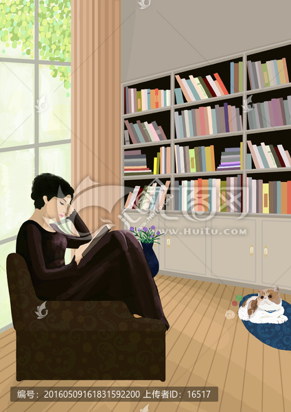 插畫,讀書的女孩