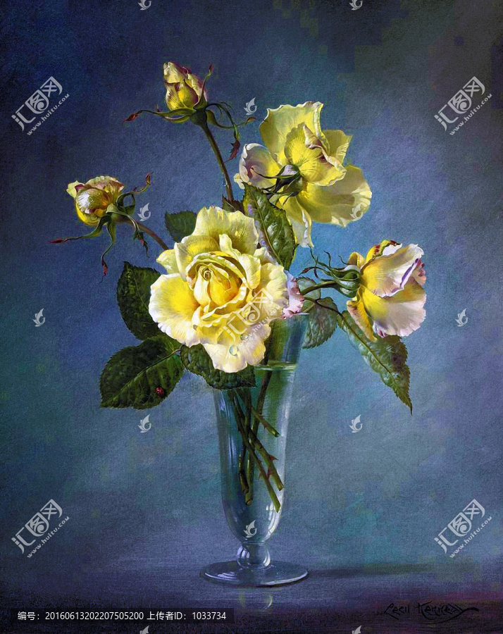 黄色玫瑰花唯美欧式怀旧静物油画