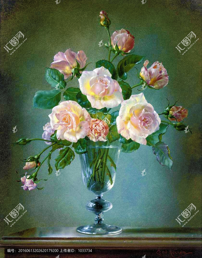 玻璃杯中的美麗玫瑰花靜物油畫