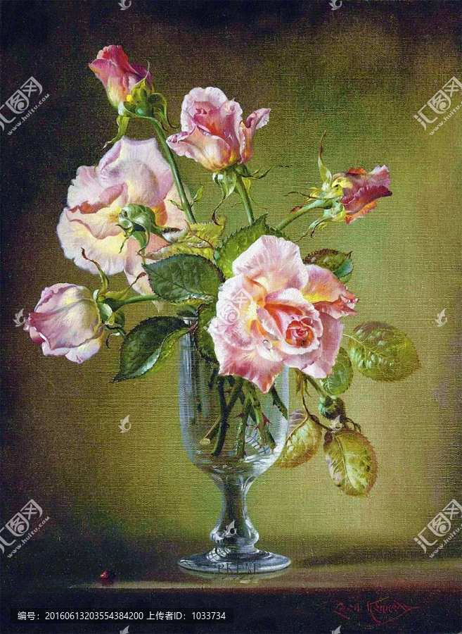 玫瑰花月季粉紅花卉靜物歐式油畫
