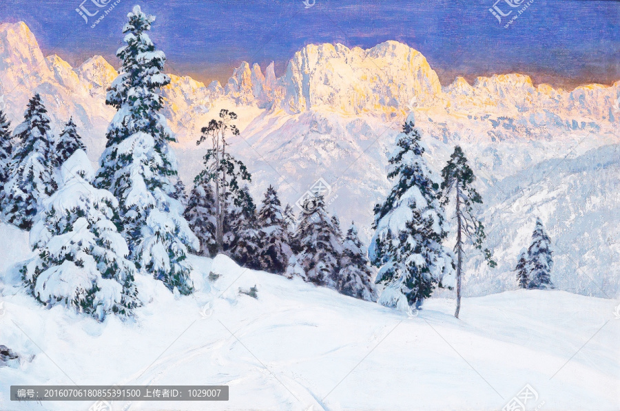 雪山風景油畫