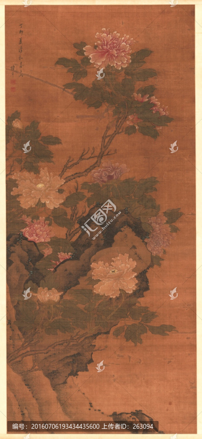 清,陳卓,牡丹圖軸絹本