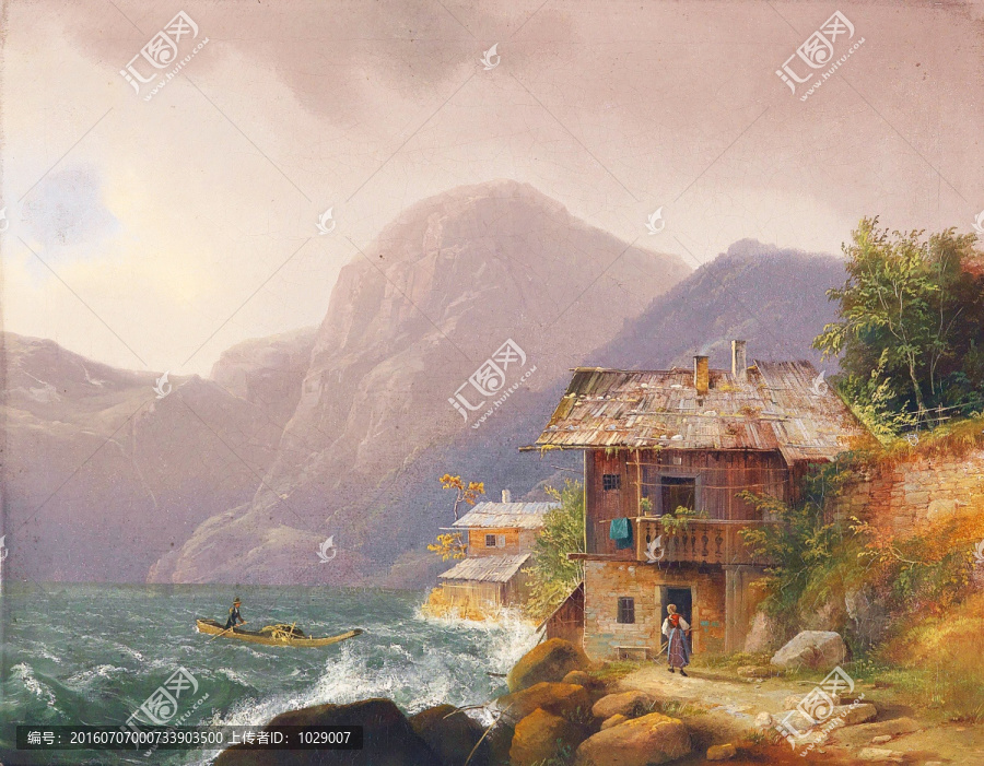 大海海邊小屋風景油畫