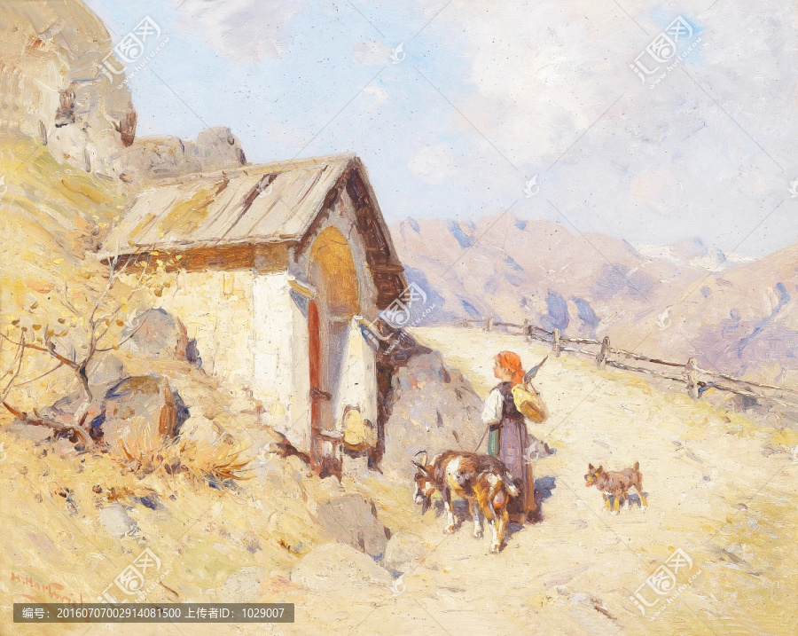 陽(yáng)光下的小屋風(fēng)景油畫(huà)