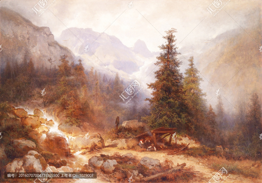 高山森林瀑布風景油畫