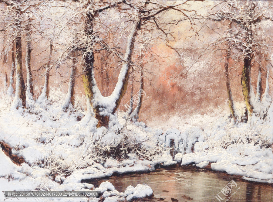 森林雪地風景油畫