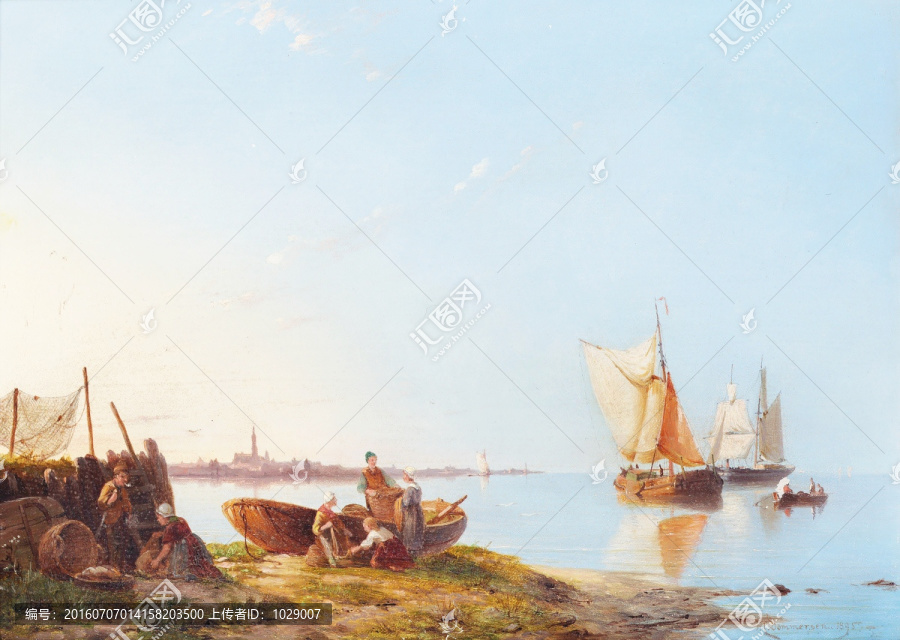 海灘大海帆船風(fēng)景油畫