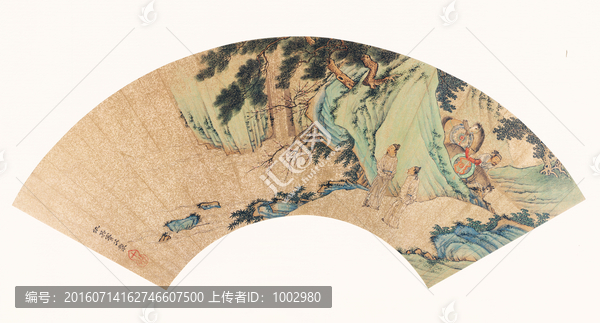 仇英扇面,花巖游騎圖