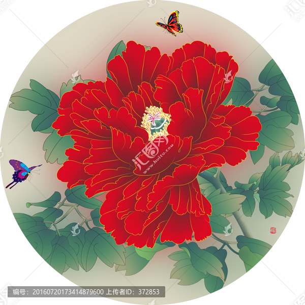手繪牡丹團(tuán)扇富貴紅袍