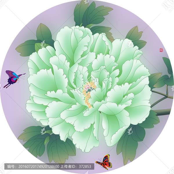 手繪牡丹團扇碧波飄香