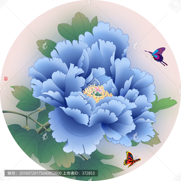 手繪牡丹團(tuán)扇藍(lán)海檀心