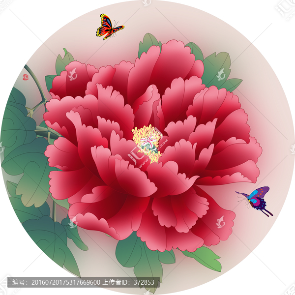 手繪牡丹團(tuán)扇皺葉桃紅