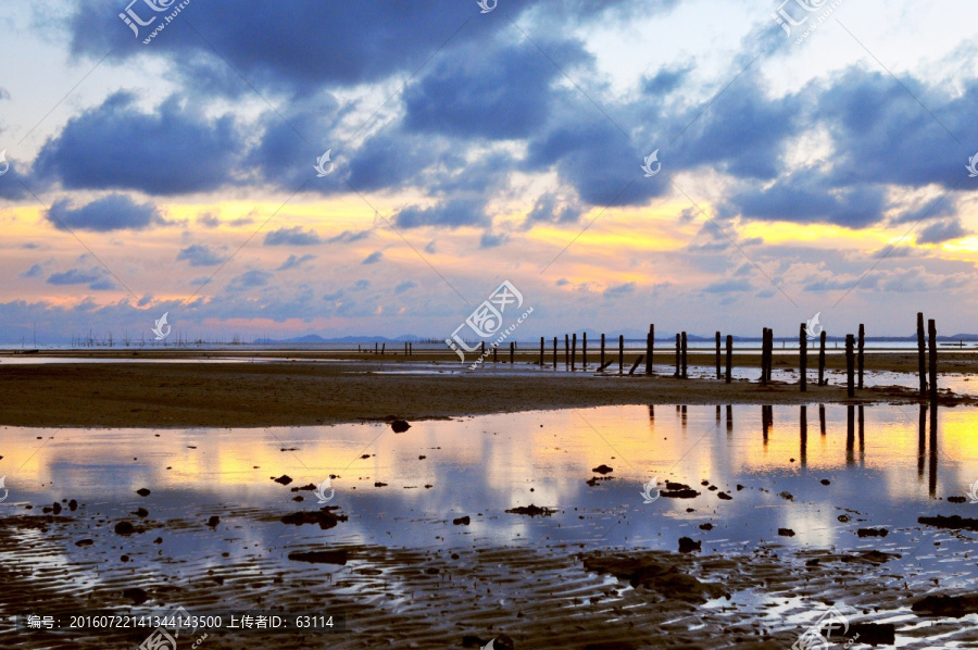 海边落日,夕阳,滩涂倒影