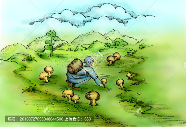 采蘑菇分層插畫素材