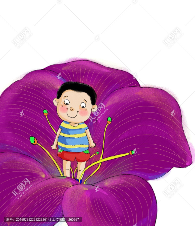 兒童插圖,花蕊中的男孩
