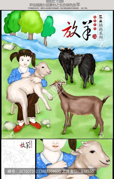 手绘放羊,黑山羊,羊毛农村插画