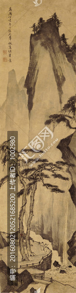 明,張?jiān)e,松亭看瀑圖軸