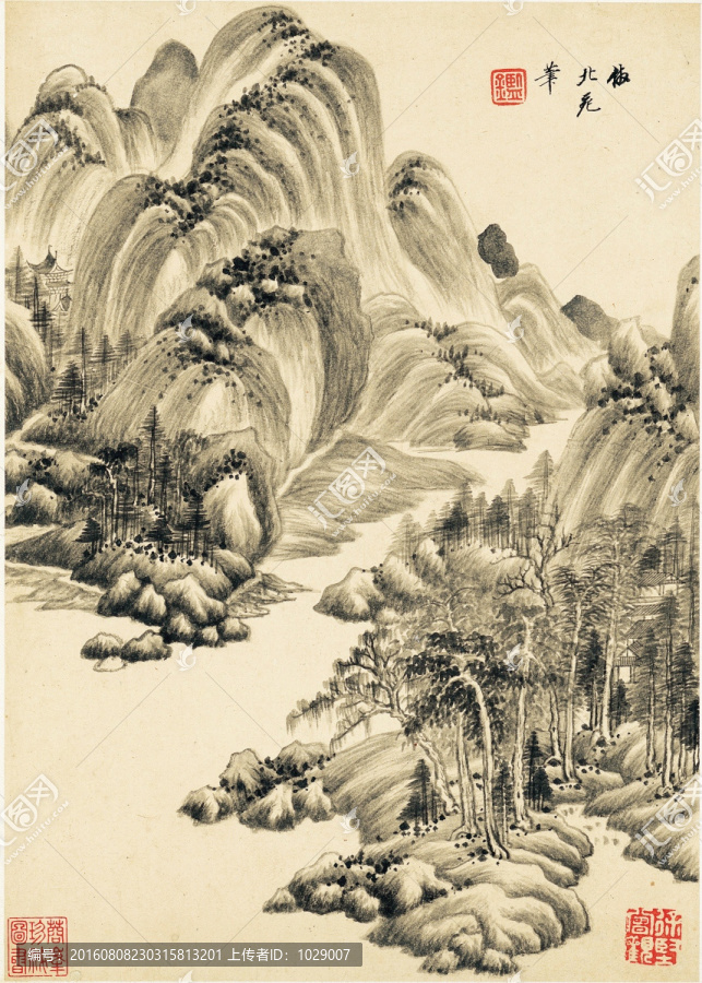 中式水墨山水古画,明代,王鉴