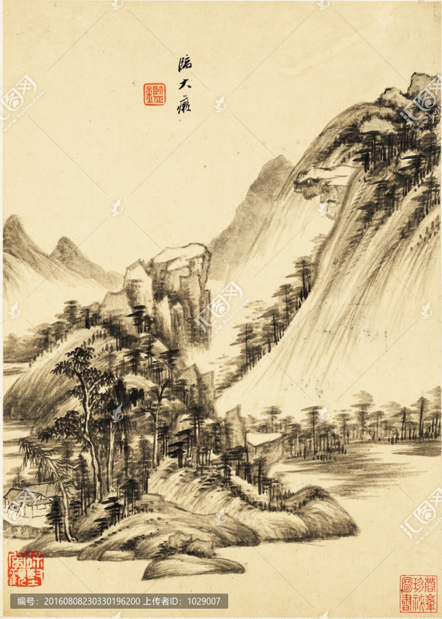 中式水墨山水古畫,明代,王鑒