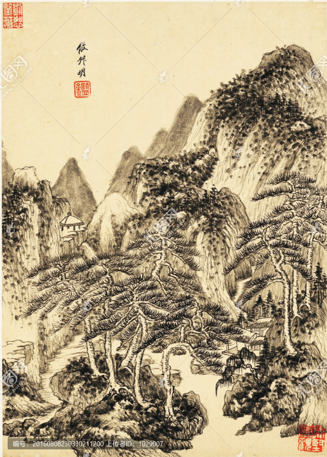 中式水墨山水古畫,明代,王鑒