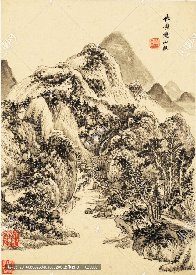 中式水墨山水古畫,明代,王鑒