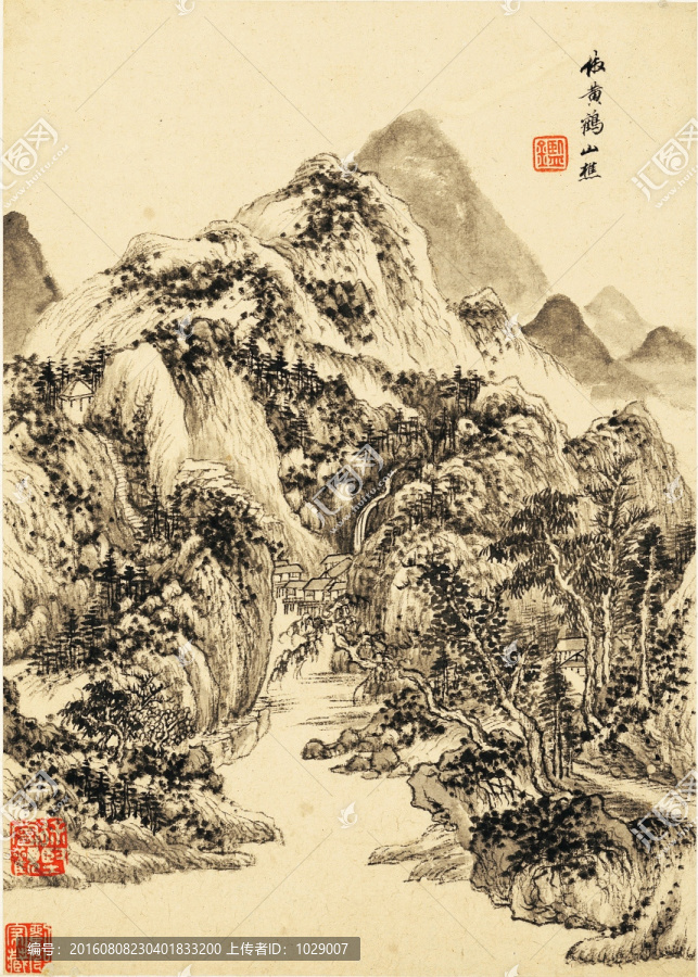 中式水墨山水古画,明代,王鉴