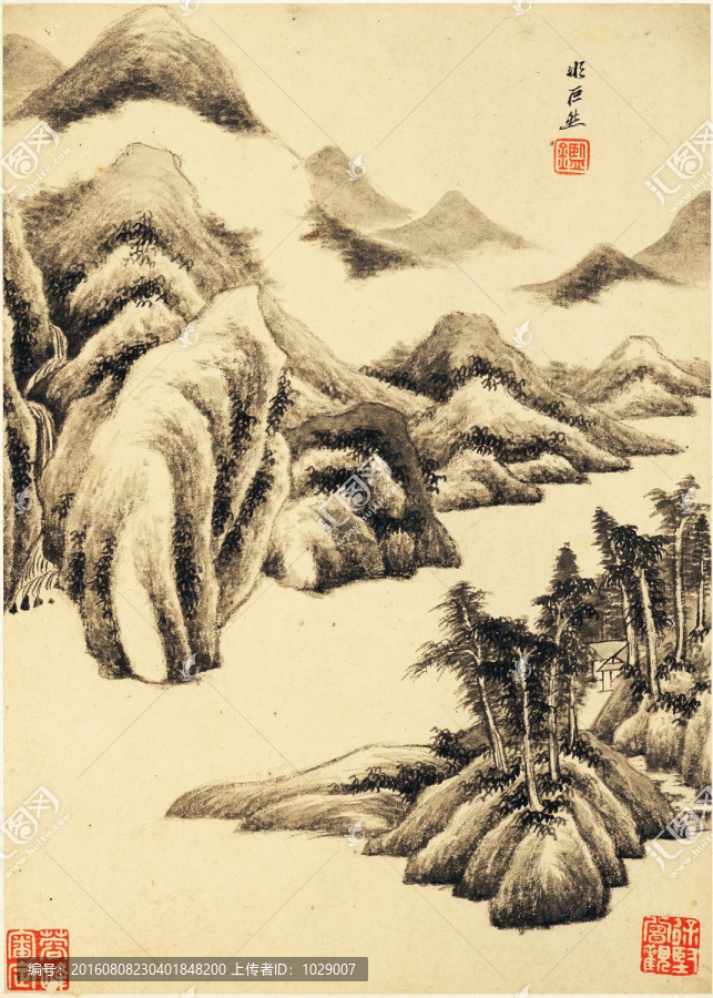 中式水墨山水古畫,明代,王鑒