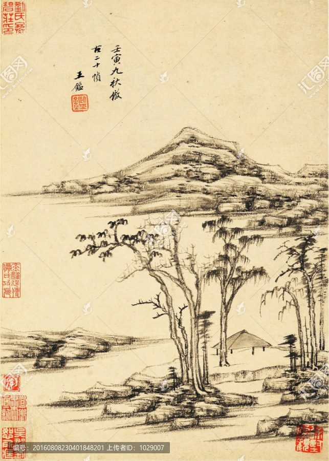 中式水墨山水古畫,明代,王鑒