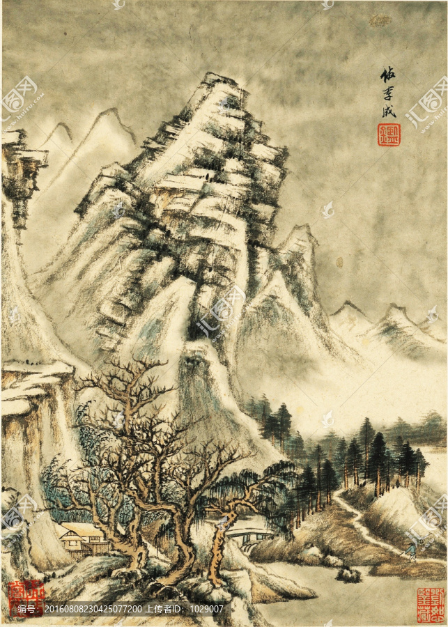 中式水墨山水古畫,明代,王鑒