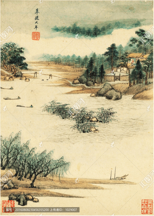 中式水墨山水古画,明代,王鉴