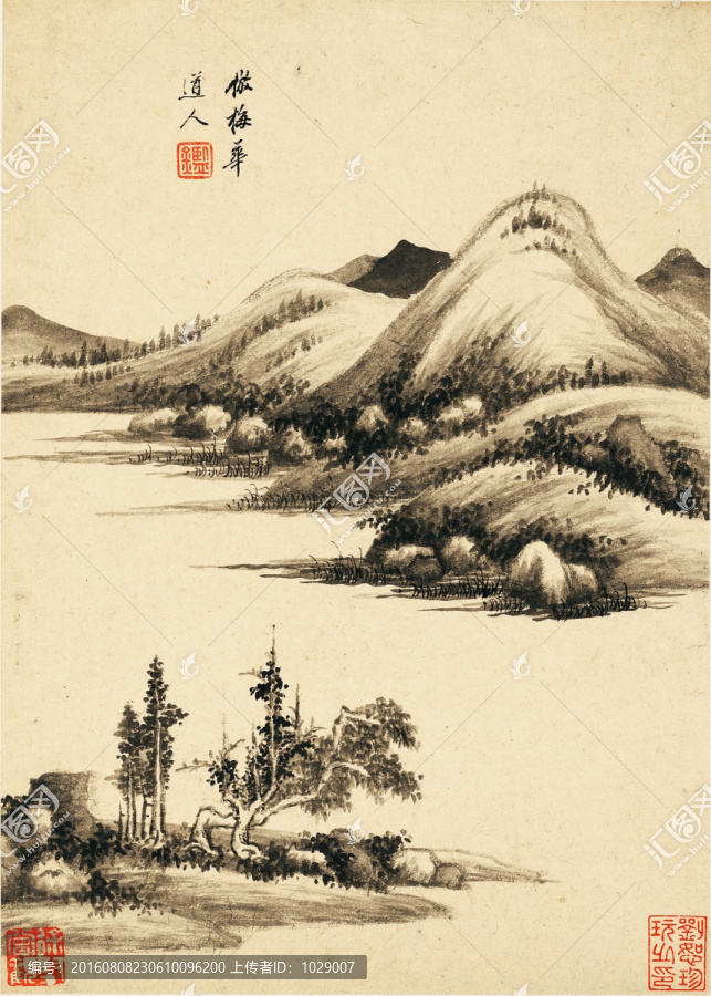 中式水墨山水古畫,明代,王鑒