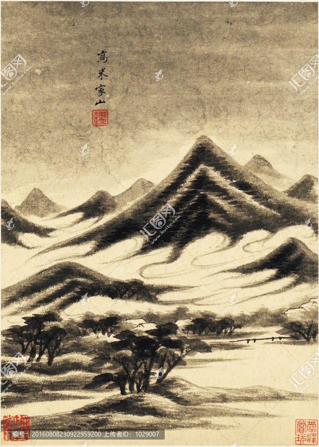 中式水墨山水古畫,明代,王鑒