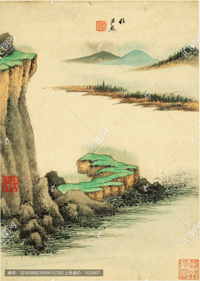 中式水墨山水古畫,明代,王鑒