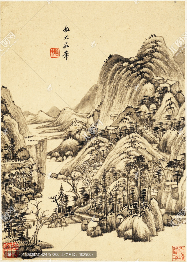 中式水墨山水古畫,明代,王鑒