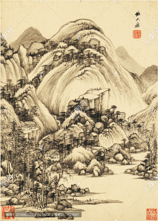 中式水墨山水古畫,明代,王鑒
