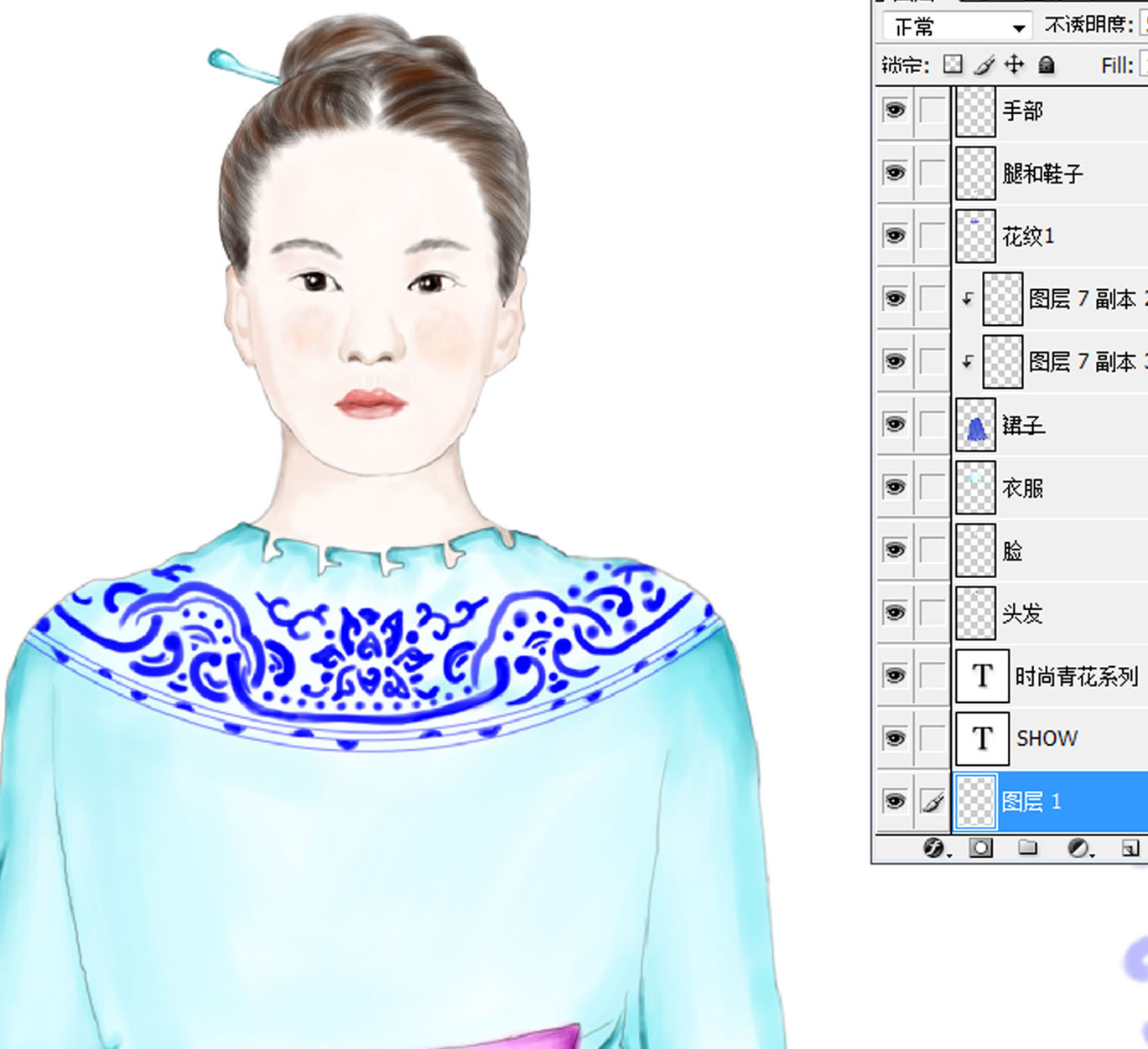 時尚美女青花時裝服裝插畫