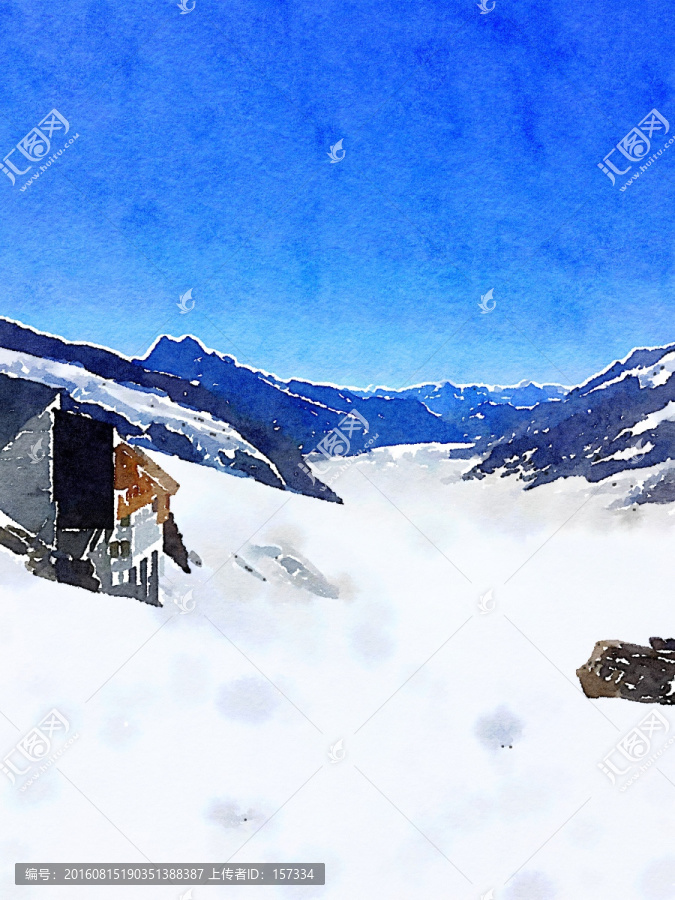 水彩畫,雪山風(fēng)光