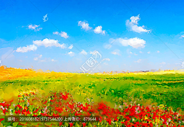印象派寫意草地紅花風(fēng)景畫