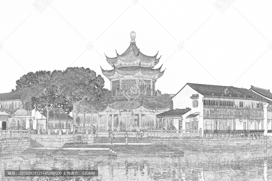 江南古鎮(zhèn)線描