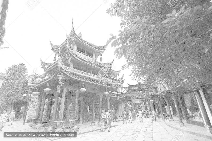 四川古鎮(zhèn)線描