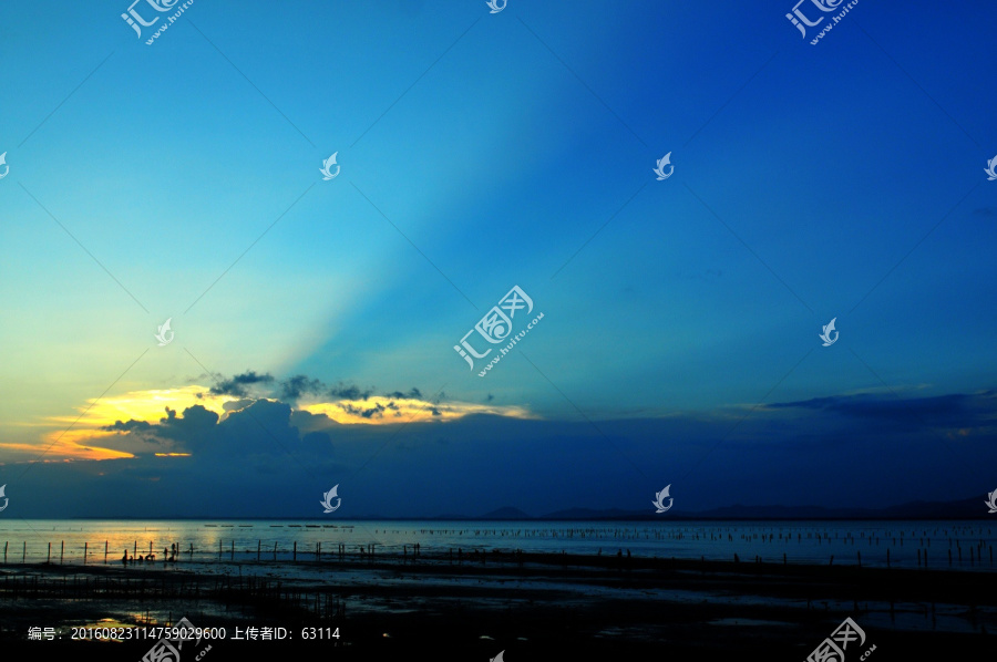 滩涂夕阳,海水养殖,宁静海边