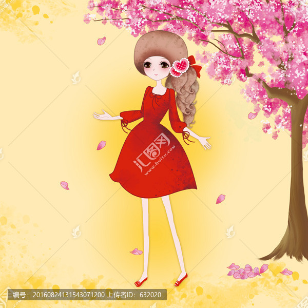 小纖賞花紅衣女孩插畫卡通人物圖