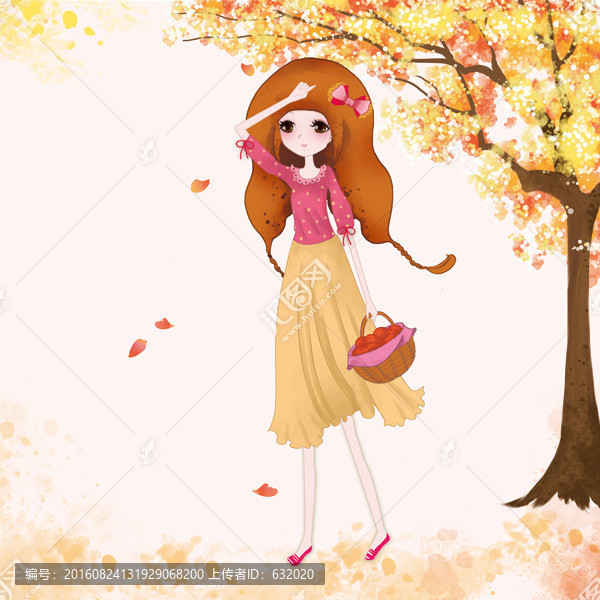 小纖秋收女孩秋天摘果子插畫