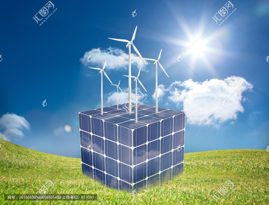 立方體太陽能電池板上面擺了風車