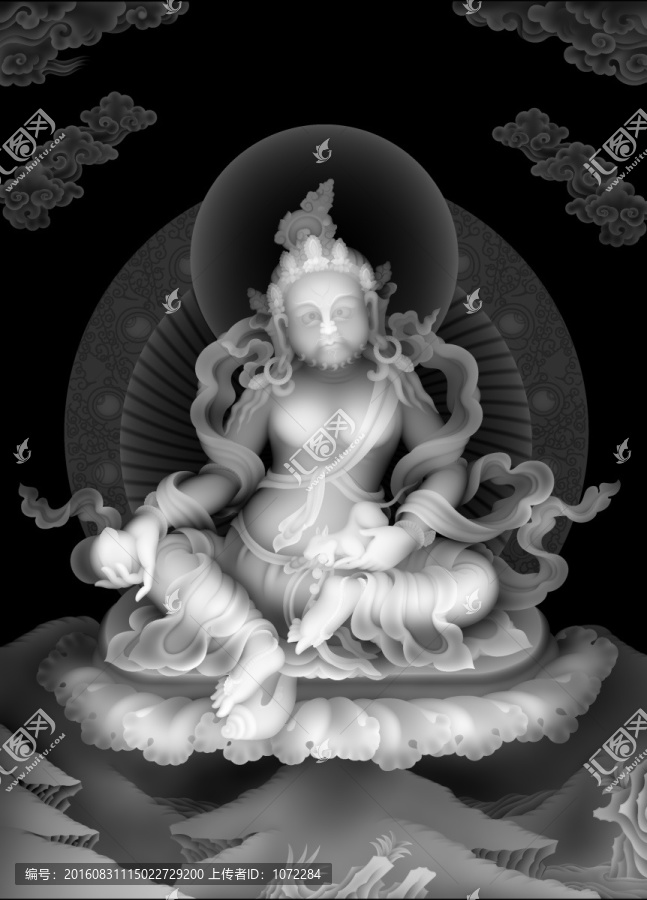 藏式精雕圖灰度圖唐卡黃財神全圖